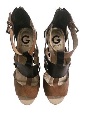 G BY GUESS Tan & Black Cutout/Colorblock Strappy Open Toe Stiletto Heels Size 9